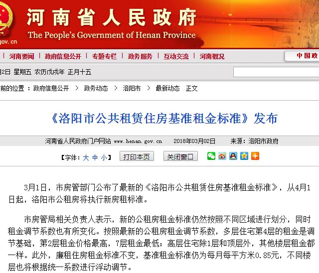 2018年洛阳市公共租赁住房基准租金标准